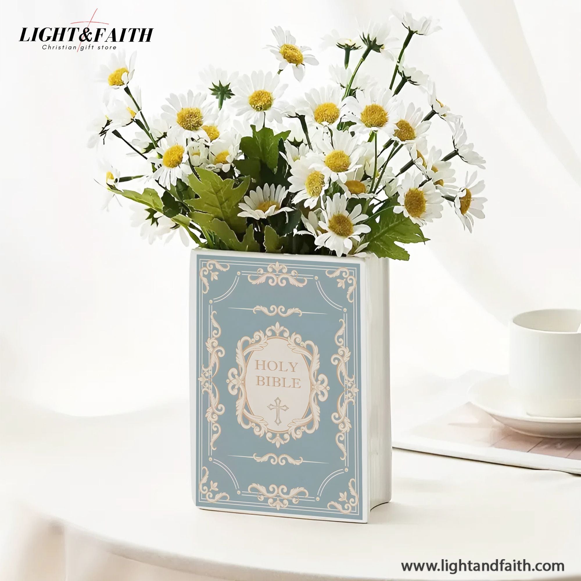 Personalized Holy Bible Book Vase for Women, Pastel Floral Ceramic Christian Home Decor with Name, Faith Inspired Shelf Decor CBLAF07